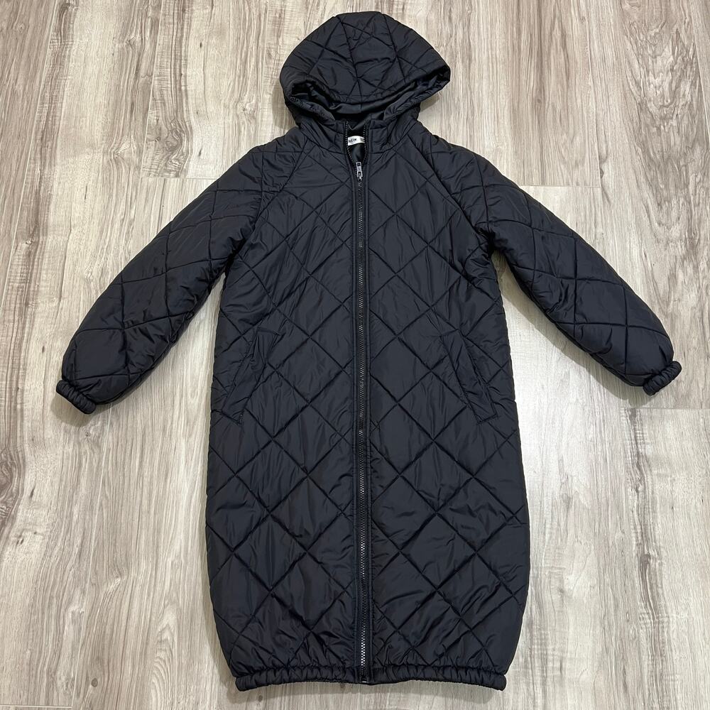 SHEIN Girls Black Quilted Hooded Long Puffer Jacket – Full Zip Size 10Y